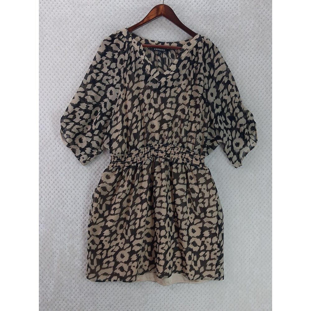 Express Leopard-Print Sheer Chiffon Mini Dress Women's Large Beige Black